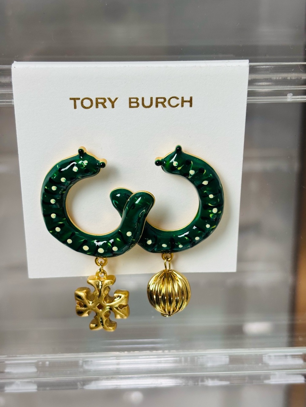 Tory Burch Green Enamel Snails Shaped Earrings with Gold Charms. New on card.